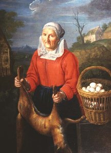 Eine alte Frau mit einem toten Fuchs