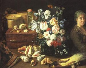 Stillleben, Blumen, Muscheln, Schlangen, Vogel und eine stehende Frau von Pieter Snyers