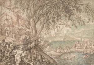 Jäger und Gesellschaft beobachten Hunde, die Enten in einem Teich apportieren (April) von Pieter Stevens