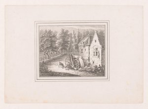 Landschaft mit Wassermühle und einer grasenden Ziege an einem Seil