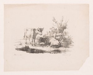 Zwei Kühe bei einem Zaun und einer Kopfweide von Pieter de Goeje
