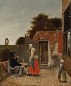 Ein Mann raucht und eine Frau trinkt in einem Hof, um 1658-60