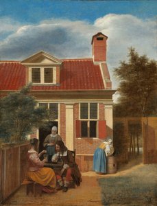 Figuren in einem Hof hinter einem Haus (Drei Frauen und ein Mann im Hof hinter einem Haus) von Pieter de Hooch