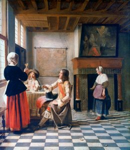Innenraum, Frau trinkt mit zwei Männern und einer Dienstmagd, um 1658 von Pieter de Hooch