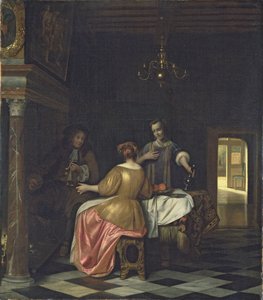 Interieur mit einem Gentleman und zwei Damen im Gespräch, ca. 1668-70 von Pieter de Hooch