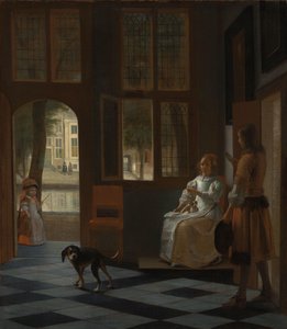 Mann übergibt einer Frau einen Brief in der Eingangshalle eines Hauses von Pieter de Hooch