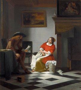 Mann liest einer Frau einen Brief vor von Pieter de Hooch