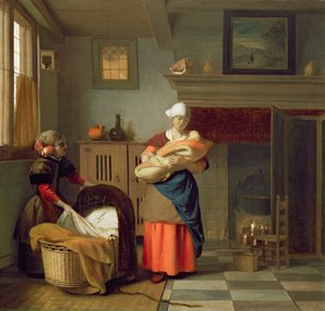 Kindermädchen mit Baby in einem Innenraum und ein junges Mädchen, das die Wiege vorbereitet