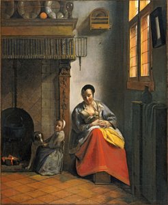 Frau stillt ein Kind, mit einem Kind und einem Hund von Pieter de Hooch