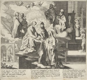 Katharina erscheint / Hochzeit von Katharina / Katharina teilt ihren Mantel Szenen aus dem Leben und den Wundern der Heiligen Katharina von Siena (Serientitel) von Pieter de Jode (I)