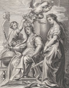 Allegorie der guten Regierung, in der Mitte sitzend und von einem Putto und einer Frau gekrönt, ca. 1640-74 von Pieter de Jode II