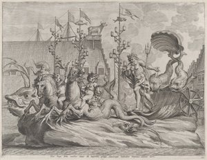 Platte 35: Philipp von Spanien als Neptun, reitend in einem von zwei Seepferdchen gezogenen Wagen