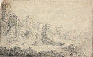 Landschaft mit Ruine und drei Figuren