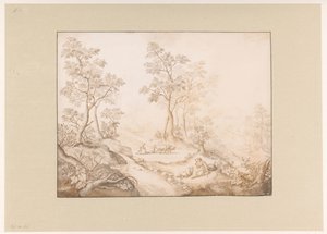 Baumreiche Landschaft mit Frau, Mann und einem Bauern von Pieter de Porck