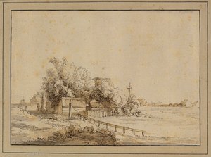 Figuren vor einem Gasthaus, Bauernhäuser und der Pfahl eines Taubenschlags, außerhalb von Amsterdam von Pieter de With