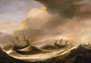 Schiffe auf hoher See fliehen vor dem Sturm, reduzierte Segel, von starken Wellen geschüttelt. Öl auf Holz, um 1640, von Pieter Mulier von Pieter the Elder Mulier