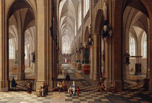 Das Innere einer gotischen Kathedrale mit Stadtbewohnern und Pilgern, 1647 von Pieter the Elder Neeffs