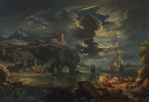 Eine mediterrane mondbeschienene Küstenlandschaft, ca. 1700-01