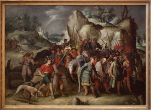 Der heilige Paulus wird nach Damaskus (Syrien) geführt, nach seiner Bekehrung. Dieses Gemälde, direkt nach einem Stich von Lucas de Leiden (1509), stellt die Episode nach dem Sturz vom Pferd des Saulus von Tarsus dar, der nach seiner Bekehrung zum heiligen von Pieter the Younger Brueghel