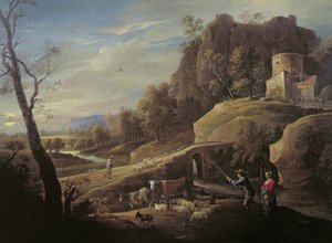 Landschaft mit Bauern, die ihre Tiere versorgen von Pieter the Younger Mulier