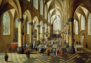 Figuren versammelt in einer Kircheninnenraum, 17. Jahrhundert von Pieter the Younger Neeffs
