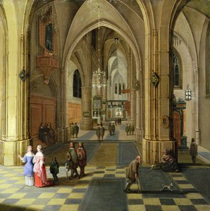 Das Innere einer gotischen Kathedrale mit zwei Frauen im Gespräch von Pieter the Younger Neeffs