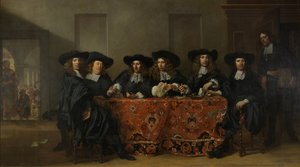 Sechs Regenten und der Hausmeister des Oude Zijds Instituts für die Außenhilfe der Armen, Amsterdam, 1675