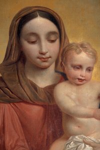 Innenansicht, Gemälde "Unsere Liebe Frau mit Kind mit Rosenkranz", Altarbild am Hauptaltar von P. Van Hanselaere von Pieter van Hanselaere