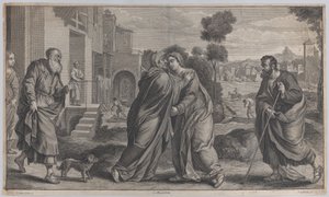 Heimsuchung, Heilige Elisabeth umarmt die Jungfrau in der Mitte, während der Heilige Josef zu Fuß geht, ca. 1656-1660