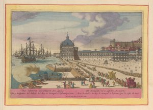 Ansicht des Königlichen Palastes in Lissabon und des Vorplatzes mit Menschen von Pieter van den Berge