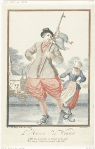 Schlittschuhfahrender Mann mit drei Enten an einem Stock