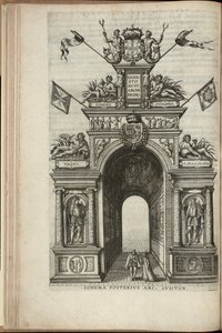 Flüsse Tagus, Plata, Ganges und Hydaspes. Die Rückseite des portugiesischen Triumphbogens, Einzug von Ernst, Erzherzog von Österreich, in Antwerpen, veröffentlicht 1595 (Gravur)