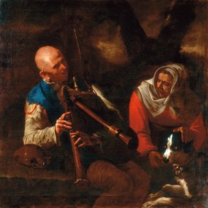 Ein Bauer spielt Dudelsack und eine alte Frau hört mit einem Hund zu von Pietro (circle of) Paolini