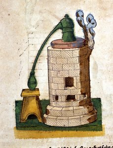 Alchemie: Apparatur zur Destillation. Gravur aus einem Buch von Pietro Andrea Mattioli (Matthiole) (1500-1577). Frankfurt