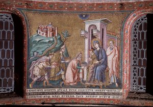 Anbetung der Mosaik-Magi der Apsis von Pietro Cavallini (aktiv um 1273-1330) Ende des 13. Jahrhunderts (Anbetung der Magi, Mosaik aus der Apsis von Pietro Cavallini, Ende des 13. Jahrhunderts) Rom, Kirche Santa Maria in Trastevere Italien von Pietro Cavallini