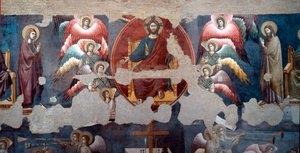Das Jüngste Gericht, der thronende Christus umgeben von Engeln. Detail. Fresko von Pietro de Cerroni, genannt Cavallini (tätig um 1273-1321) 1293, Rom, Santa Cecilia in Trastevere von Pietro Cavallini
