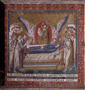 Das Mosaik der Entschlafung der Apsis von Pietro Cavallini (um 1273-1330) Ende des 13. Jahrhunderts (Entschlafung der Jungfrau, Mosaik der Apsis von Pietro Cavallini, Ende des 13. Jahrhunderts) Rom, Kirche Santa Maria in Trastevere Italien