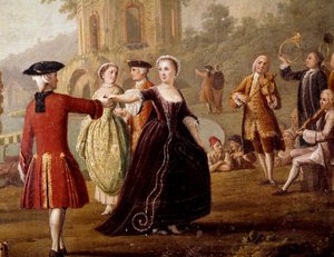 Adliger Tanz und Festszene in Neapel. Tänzer in einem Park. Gemälde von Pietro Fabris, 18. Jahrhundert. Neapel, Museo Nazionale di San Martino