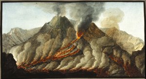 Der ausbrechende Vesuv. Diese Gouache wurde von Pierre Fabris auf Wunsch von Sir William Hamilton, englischer Botschafter in Neapel, angefertigt. Bibl. Braidense, Mailand.