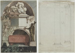 Entwurf für ein Fresko eines Künstlergrabes in der Certosa von Bologna (Recto); Architektonische Zeichnung von Säulen (Verso)