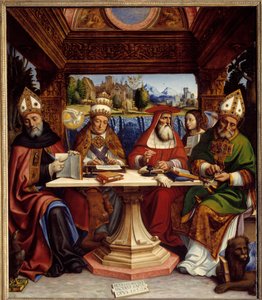 Die vier Kirchenlehrer mit den Symbolen der vier Evangelisten (Heiliger Augustinus mit einem Adler, Heiliger Gregor der Große mit einem Ochsen, Heiliger Hieronymus mit einem Engel und Heiliger Ambrosius mit einem geflügelten Löwen). von Pietro Francesco  Sacchi