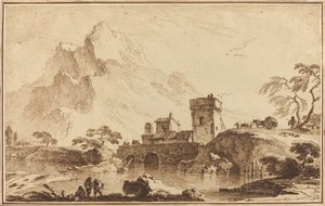 Befestigte Brücke vor fernen Bergen