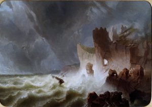 Einsame Küste Meereslandschaft mit Schiff im Sturm und an den Klippen zerschellt