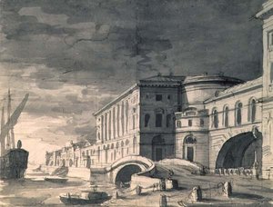 Blick auf das Newa-Ufer mit dem Hermitage-Theater in der Mitte, nach 1802