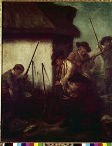 Jagd im Tal: die Vorbereitung der Gewehre (La caccia in valle: Preparazione degli schioppi) - Gemälde von Pietro Longhi (1702-1785)