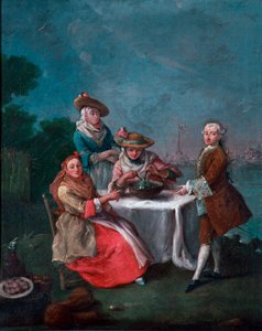 Zwei Frauen in Reisesuits, eine davon würzt den Salat von Pietro Longhi