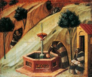 Karmelit schöpft Wasser aus der Quelle des Propheten Elija (Detail) von Pietro Lorenzetti