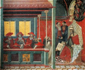 Honorius III. genehmigt die Karmelitenregel (Detail) von Pietro Lorenzetti