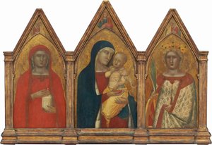 Madonna mit Kind, Christus Segen und Heilige Maria Magdalena und Katharina von Alexandria mit Engeln [gesamtes Triptychon] von Pietro Lorenzetti