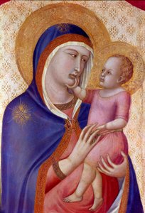 Madonna in Herrlichkeit. Detail der Jungfrau mit dem Kind in Majestät zwischen Engeln. Tempera auf Holz von Pietro Lorenzetti (1280-1348) 1340
